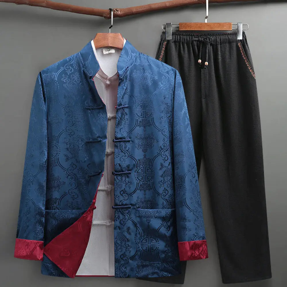 BWOOOH 2Pcs Men’s Tang Suit Koi Fish Pattern Frog-Button Long Sleeve Shirt Pants Set - CornflowerBlue / US/UK/AU36，EU46