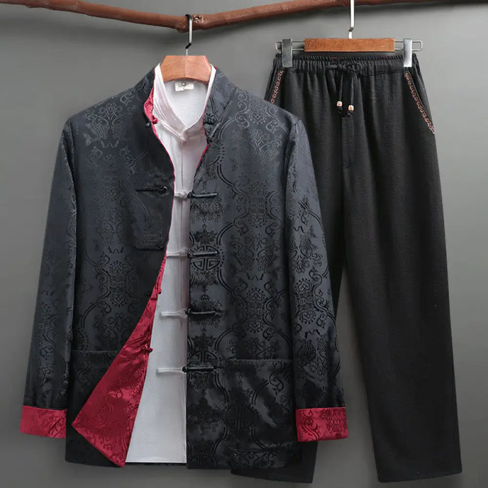 BWOOOH 2Pcs Men’s Tang Suit Koi Fish Pattern Frog-Button Long Sleeve Shirt Pants Set - DarkGray / US/UK/AU36，EU46 (L)
