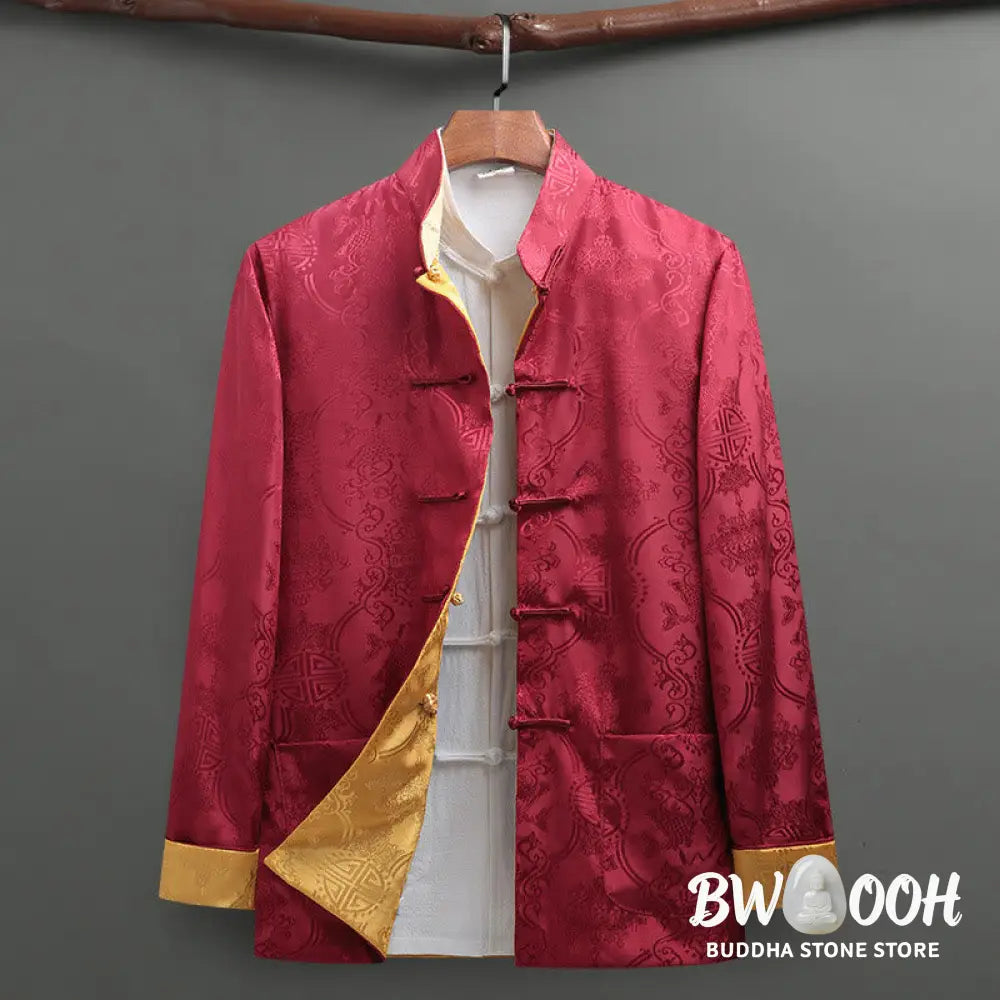 BWOOOH 2Pcs Men’s Tang Suit Koi Fish Pattern Frog-Button Long Sleeve Shirt Pants Set - Men’s Meditation Cloth