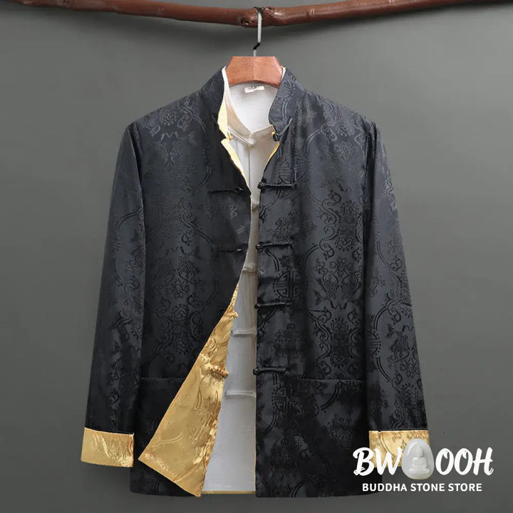 BWOOOH 2Pcs Men’s Tang Suit Koi Fish Pattern Frog-Button Long Sleeve Shirt Pants Set - Men’s Meditation Cloth