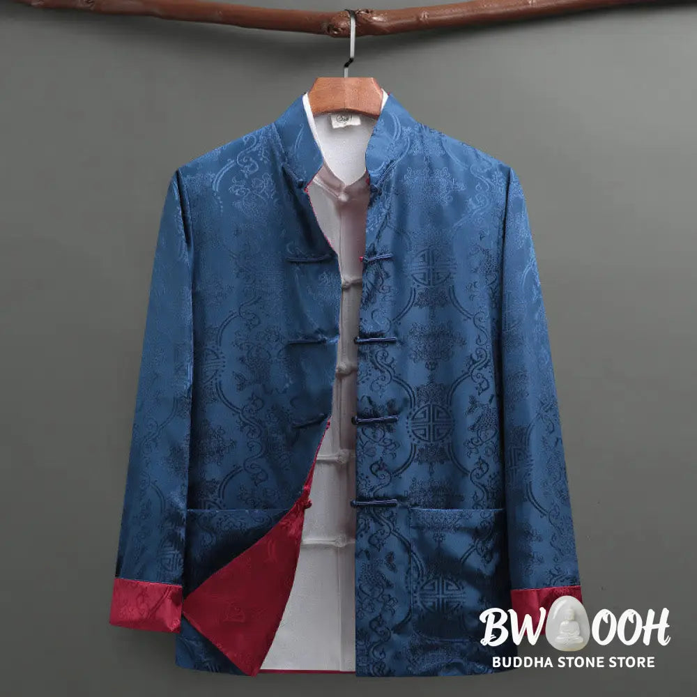 BWOOOH 2Pcs Men’s Tang Suit Koi Fish Pattern Frog-Button Long Sleeve Shirt Pants Set - Men’s Meditation Cloth