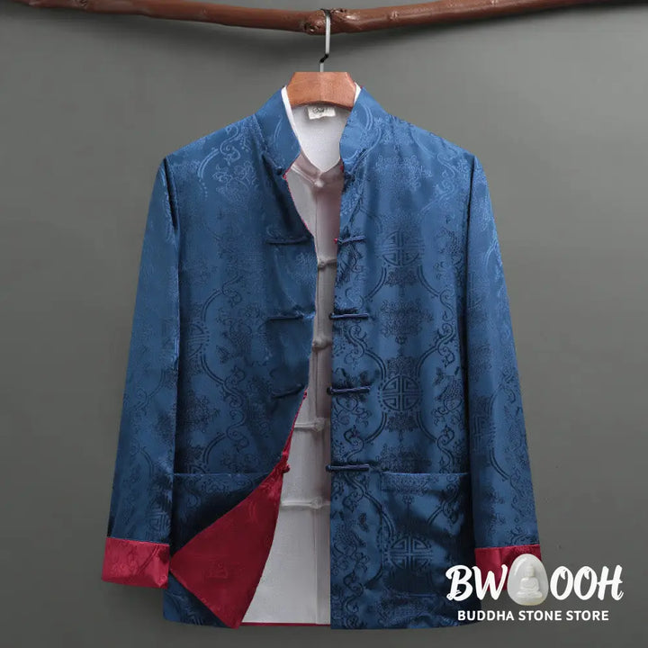BWOOOH 2Pcs Men’s Tang Suit Koi Fish Pattern Frog-Button Long Sleeve Shirt Pants Set - Men’s Meditation Cloth