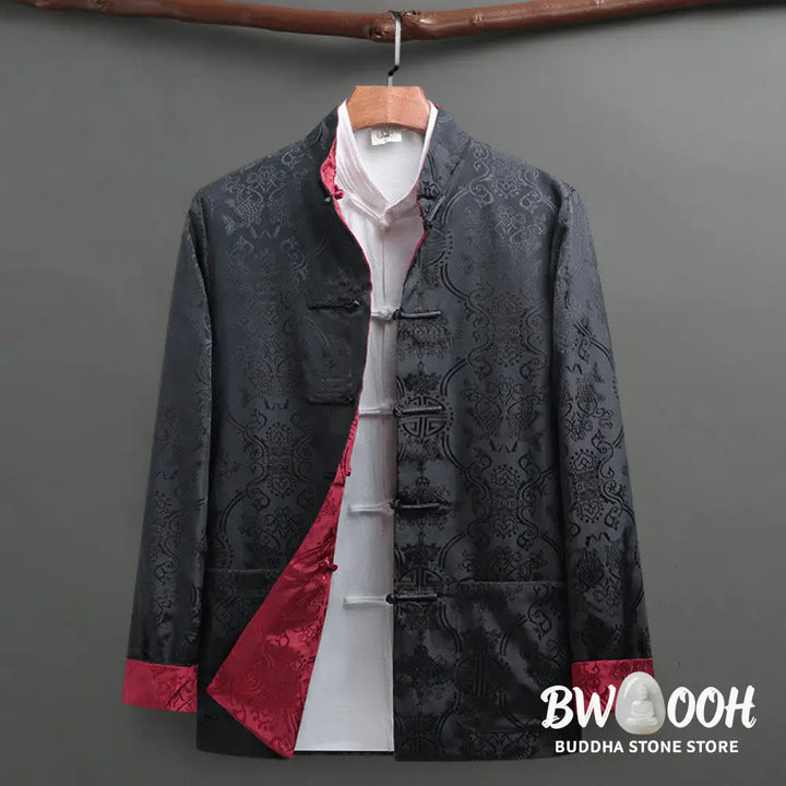 BWOOOH 2Pcs Men’s Tang Suit Koi Fish Pattern Frog-Button Long Sleeve Shirt Pants Set - Men’s Meditation Cloth