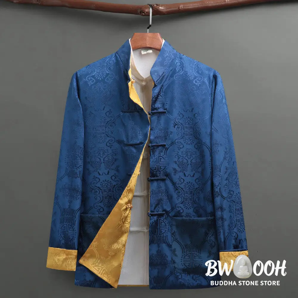 BWOOOH 2Pcs Men’s Tang Suit Koi Fish Pattern Frog-Button Long Sleeve Shirt Pants Set - Men’s Meditation Cloth