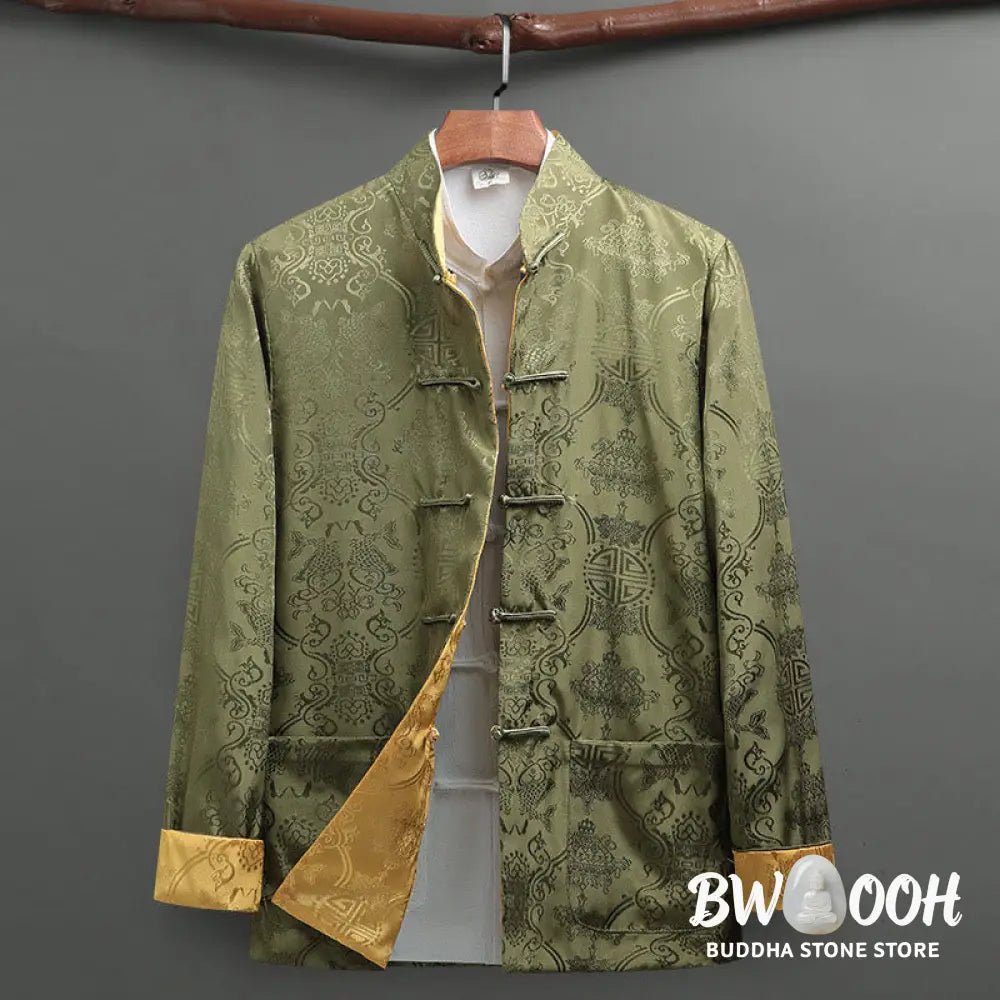 BWOOOH 2Pcs Men’s Tang Suit Koi Fish Pattern Frog-Button Long Sleeve Shirt Pants Set - Men’s Meditation Cloth