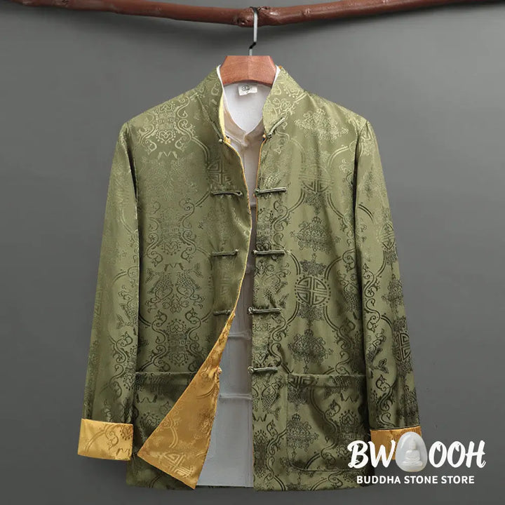 BWOOOH 2Pcs Men’s Tang Suit Koi Fish Pattern Frog-Button Long Sleeve Shirt Pants Set - Men’s Meditation Cloth