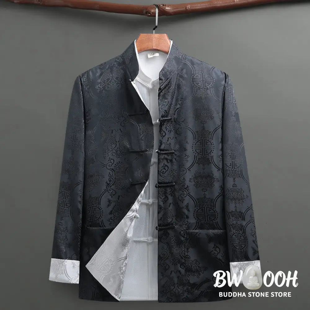BWOOOH 2Pcs Men’s Tang Suit Koi Fish Pattern Frog-Button Long Sleeve Shirt Pants Set - Men’s Meditation Cloth