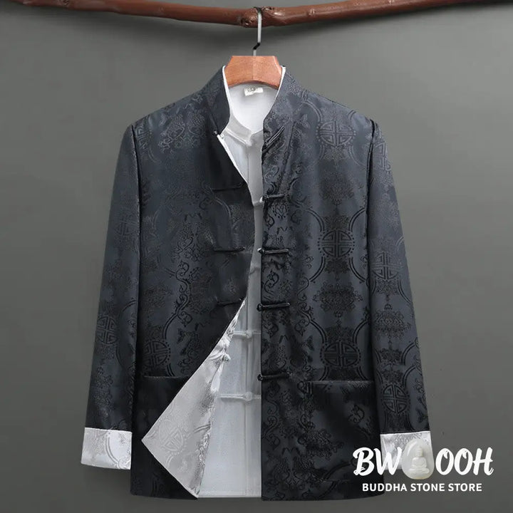 BWOOOH 2Pcs Men’s Tang Suit Koi Fish Pattern Frog-Button Long Sleeve Shirt Pants Set - Men’s Meditation Cloth