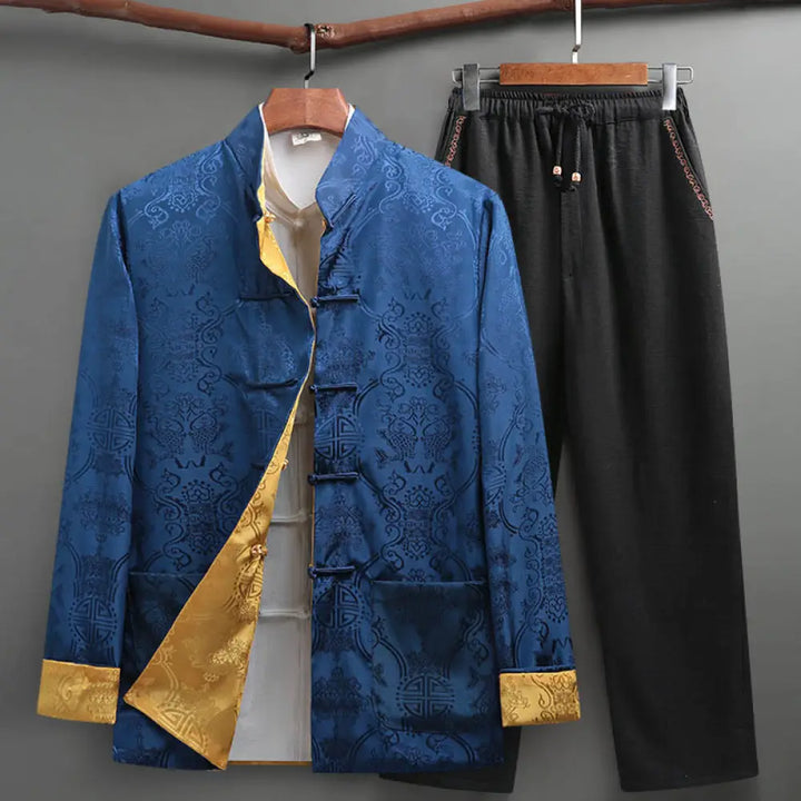 BWOOOH 2Pcs Men’s Tang Suit Koi Fish Pattern Frog-Button Long Sleeve Shirt Pants Set - RoyalBlue / US/UK/AU36，EU46 (L)