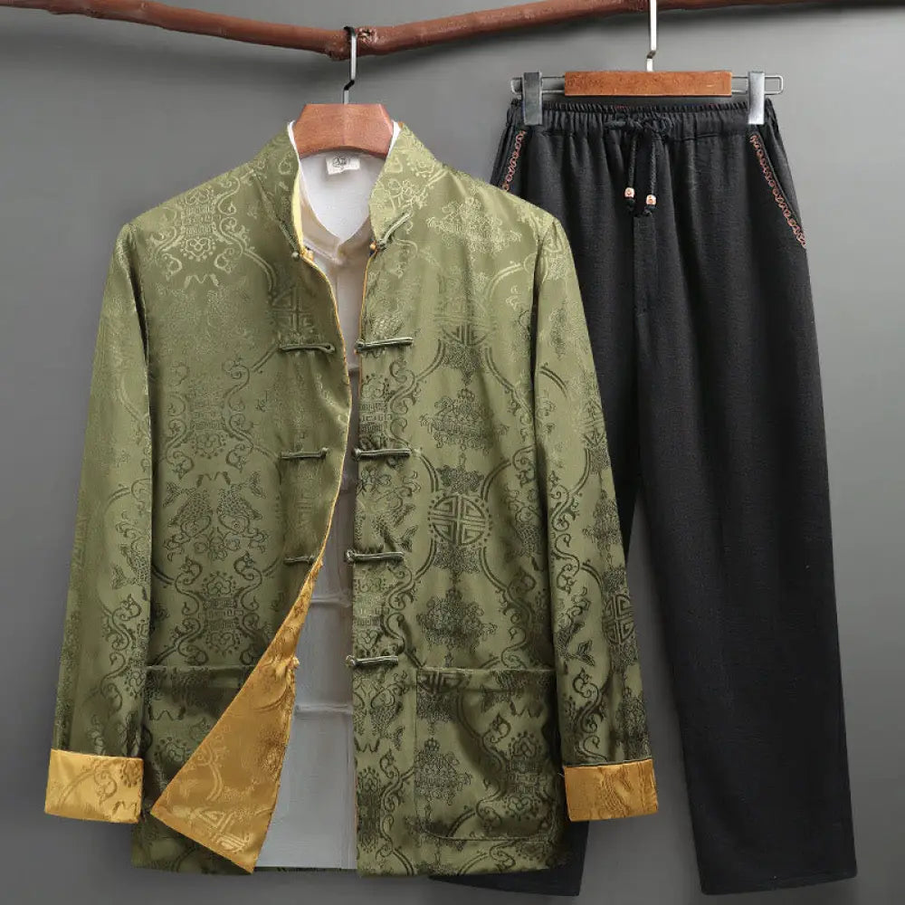 BWOOOH 2Pcs Men’s Tang Suit Koi Fish Pattern Frog-Button Long Sleeve Shirt Pants Set - YellowGreen / US/UK/AU36，EU46