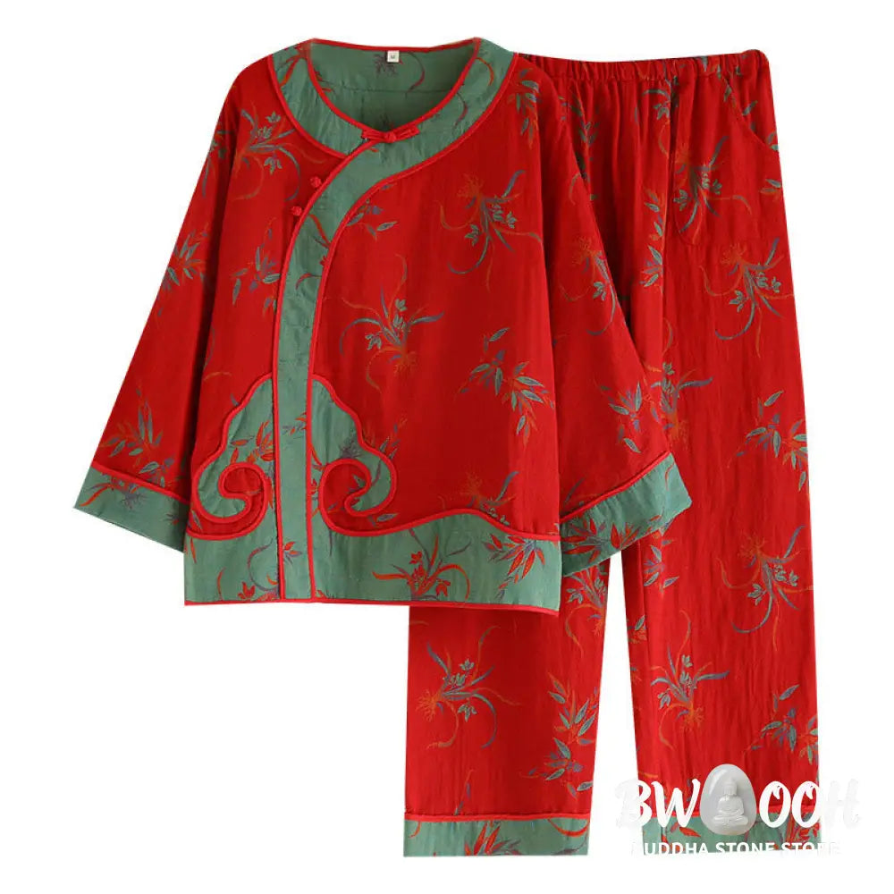 BWOOOH 2pcs Patchwork Long Sleeve Frog-Button Shirt Pants With Pockets Pure Cotton Set - 2-Piece Outfit