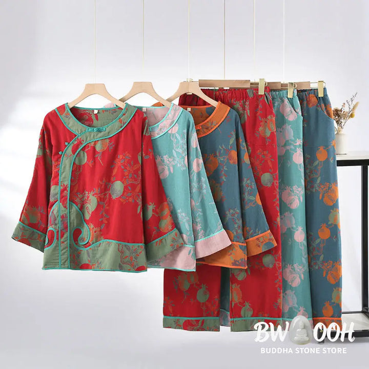 BWOOOH 2pcs Patchwork Long Sleeve Frog-Button Shirt Pants With Pockets Pure Cotton Set - 2-Piece Outfit
