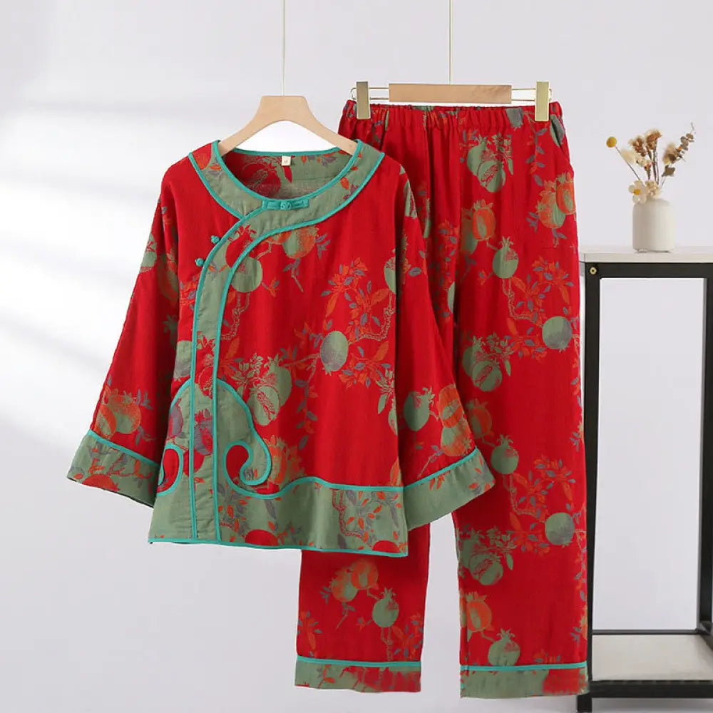 BWOOOH 2pcs Patchwork Long Sleeve Frog-Button Shirt Pants With Pockets Pure Cotton Set - Red Fruit Pattern