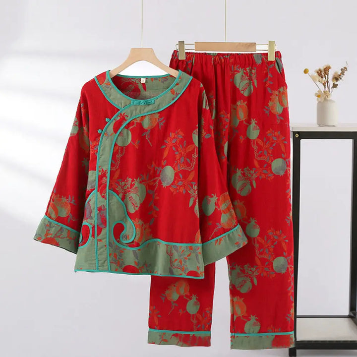 BWOOOH 2pcs Patchwork Long Sleeve Frog-Button Shirt Pants With Pockets Pure Cotton Set - Red Fruit Pattern