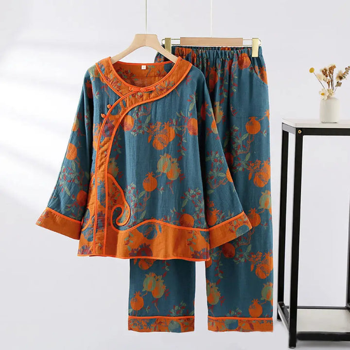 BWOOOH 2pcs Patchwork Long Sleeve Frog-Button Shirt Pants With Pockets Pure Cotton Set - SteelBlue Fruit Pattern