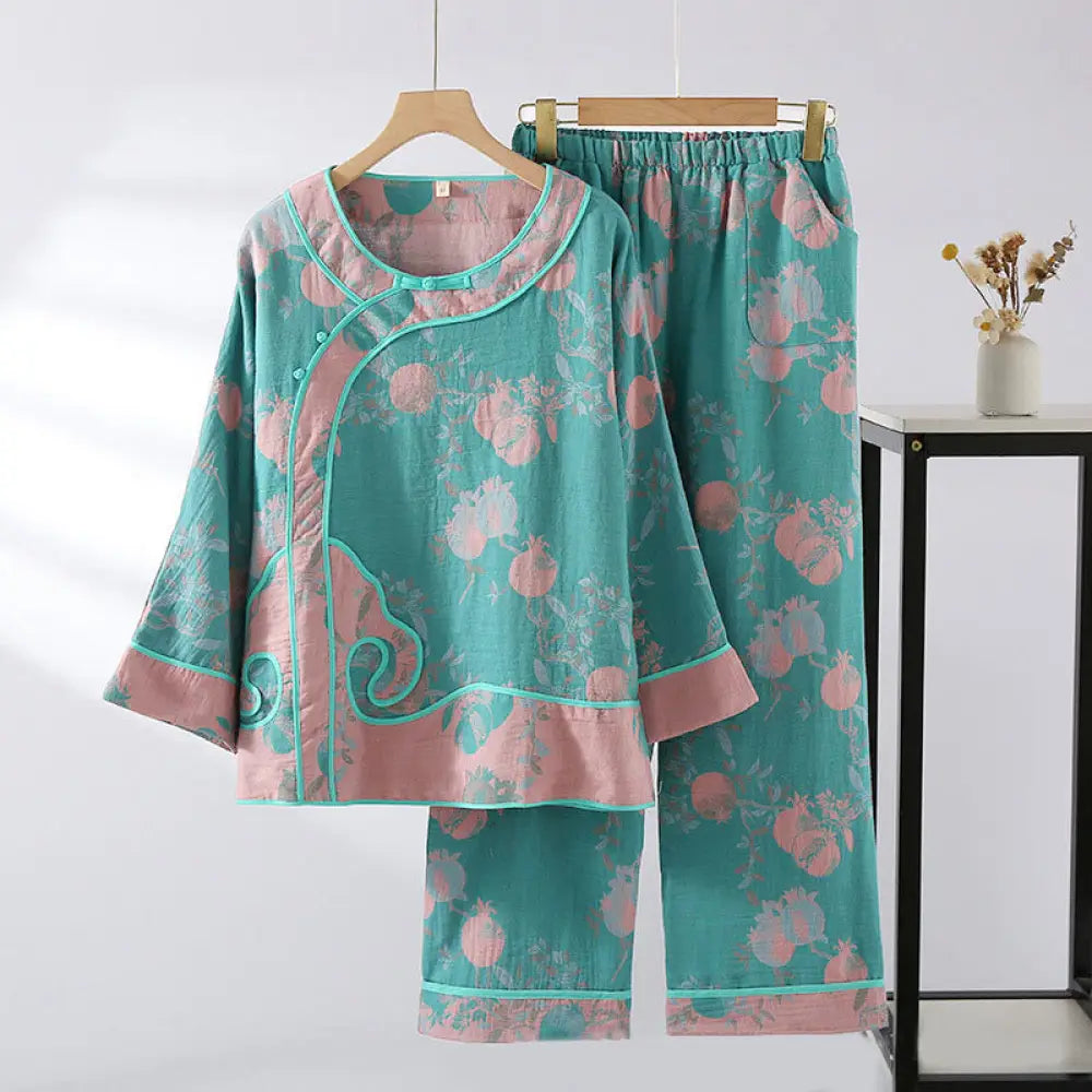 BWOOOH 2pcs Patchwork Long Sleeve Frog-Button Shirt Pants With Pockets Pure Cotton Set - Turquoise Fruit Pattern