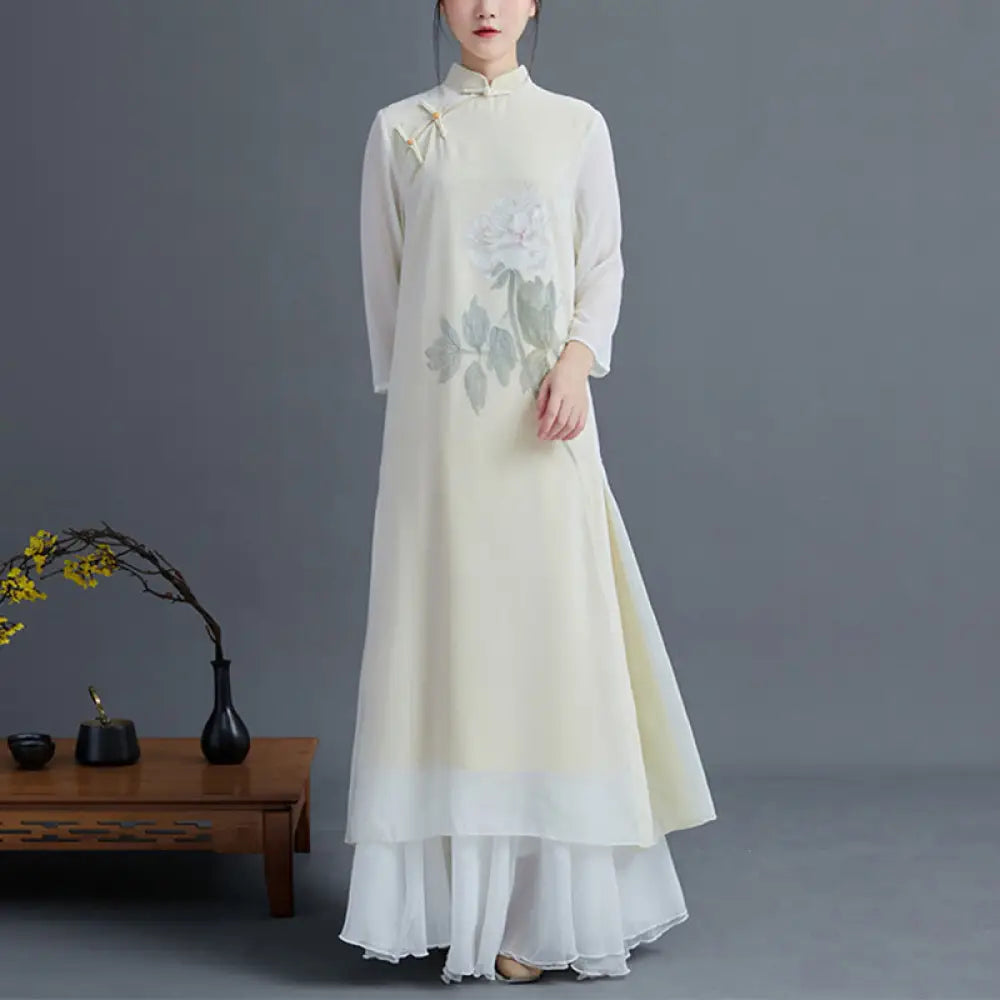 BWOOOH printed yoga pants - 2Pcs Peony Flower Cheongsam Midi Dress S