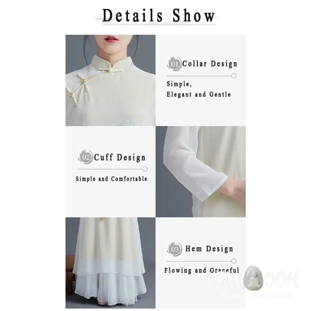 BWOOOH 2Pcs Peony Flower Cheongsam Midi Dress Skirt Chiffon Zen Clothing Women’s Set - Women’s Meditation Cloth