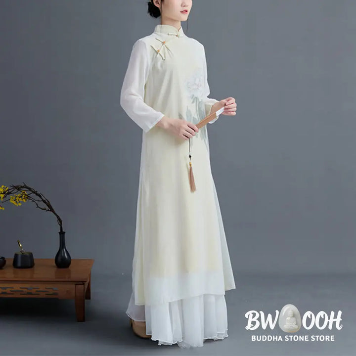BWOOOH 2Pcs Peony Flower Cheongsam Midi Dress Skirt Chiffon Zen Clothing Women’s Set - Women’s Meditation Cloth