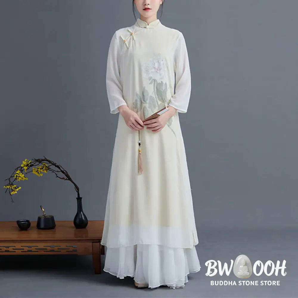BWOOOH 2Pcs Peony Flower Cheongsam Midi Dress Skirt Chiffon Zen Clothing Women’s Set - Women’s Meditation Cloth