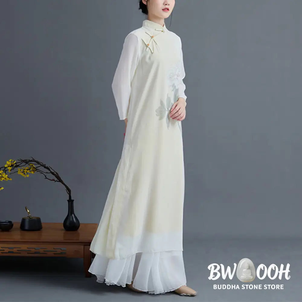 BWOOOH 2Pcs Peony Flower Cheongsam Midi Dress Skirt Chiffon Zen Clothing Women’s Set - Women’s Meditation Cloth