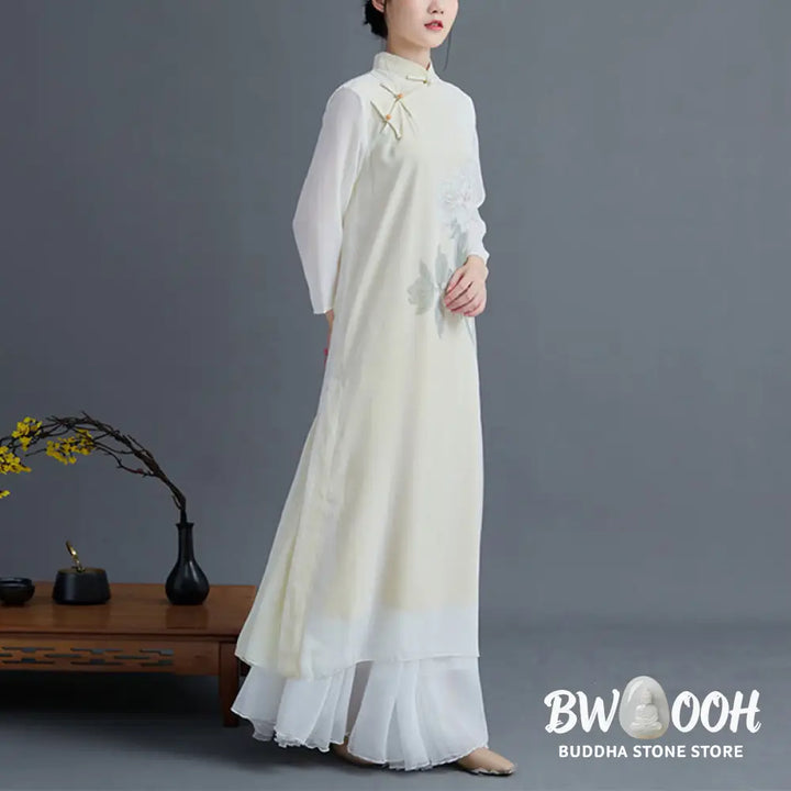 BWOOOH 2Pcs Peony Flower Cheongsam Midi Dress Skirt Chiffon Zen Clothing Women’s Set - Women’s Meditation Cloth