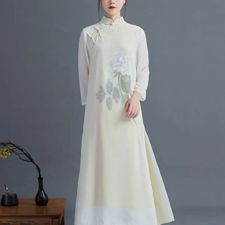 BWOOOH 2Pcs Peony Flower Cheongsam Midi Dress Skirt Chiffon Zen Clothing Women’s Set - Dress(Dress Only) / L(Fit for