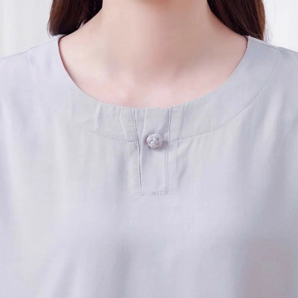 BWOOOH 2pcs Plain Color Frog-Button Simple Design Crew Neck Design Half Sleeve Shirt Top Elastic Waist Pants Meditation