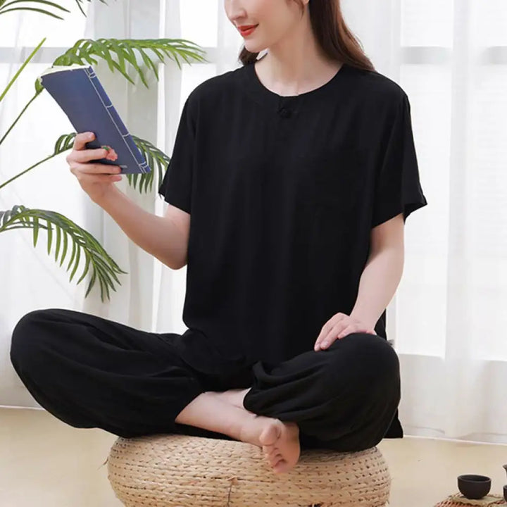BWOOOH 2pcs Plain Color Frog-Button Simple Design Crew Neck Design Half Sleeve Shirt Top Elastic Waist Pants Meditation