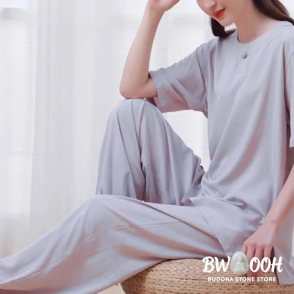 BWOOOH 2pcs Plain Color Frog-Button Simple Design Crew Neck Design Half Sleeve Shirt Top Elastic Waist Pants Meditation