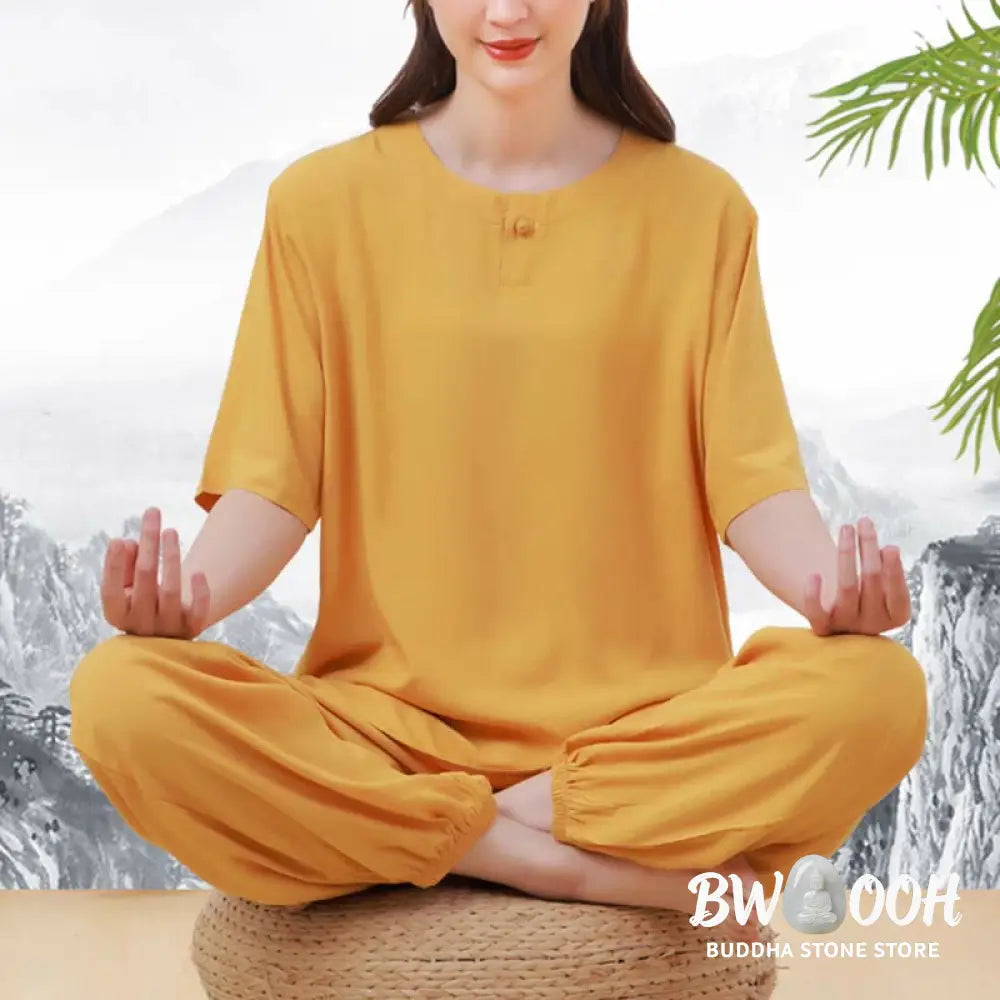BWOOOH 2pcs Plain Color Frog-Button Simple Design Crew Neck Design Half Sleeve Shirt Top Elastic Waist Pants Meditation