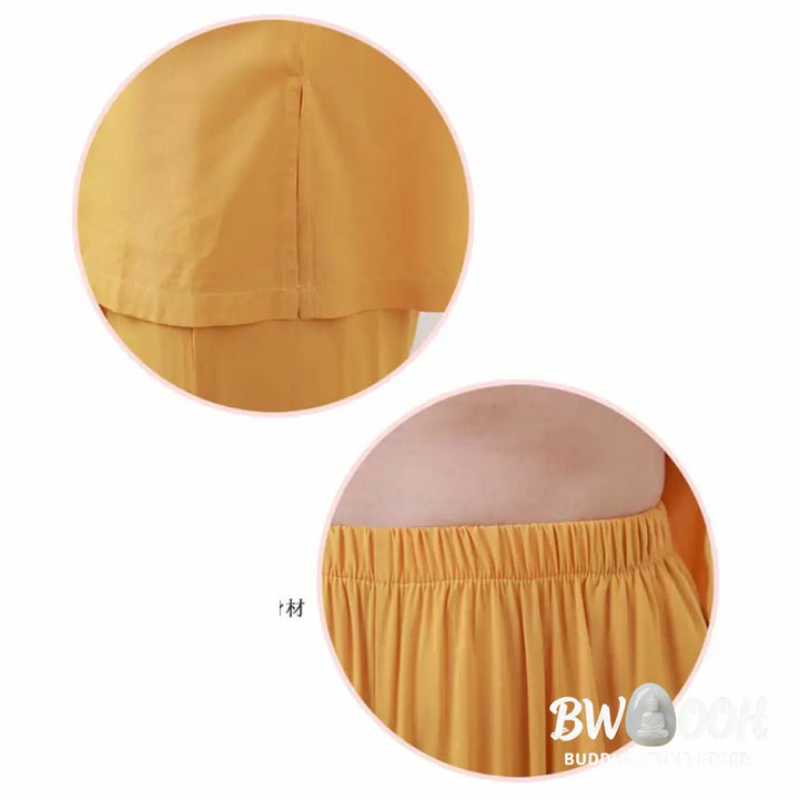 BWOOOH 2pcs Plain Color Frog-Button Simple Design Crew Neck Design Half Sleeve Shirt Top Elastic Waist Pants Meditation