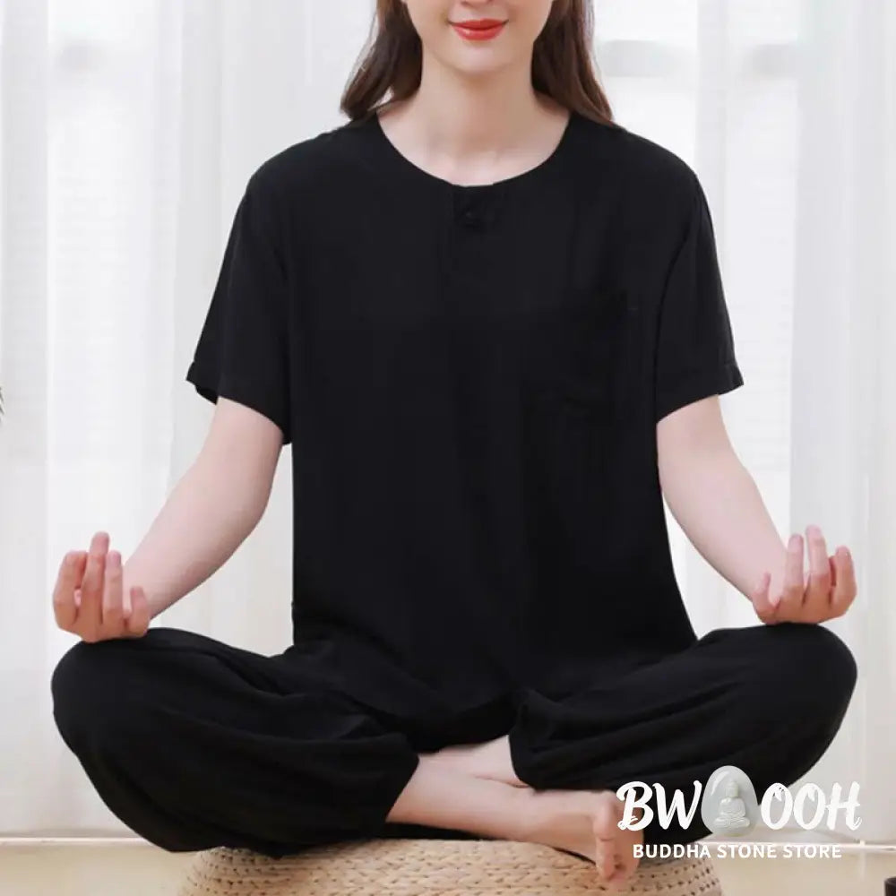 BWOOOH 2pcs Plain Color Frog-Button Simple Design Crew Neck Design Half Sleeve Shirt Top Elastic Waist Pants Meditation