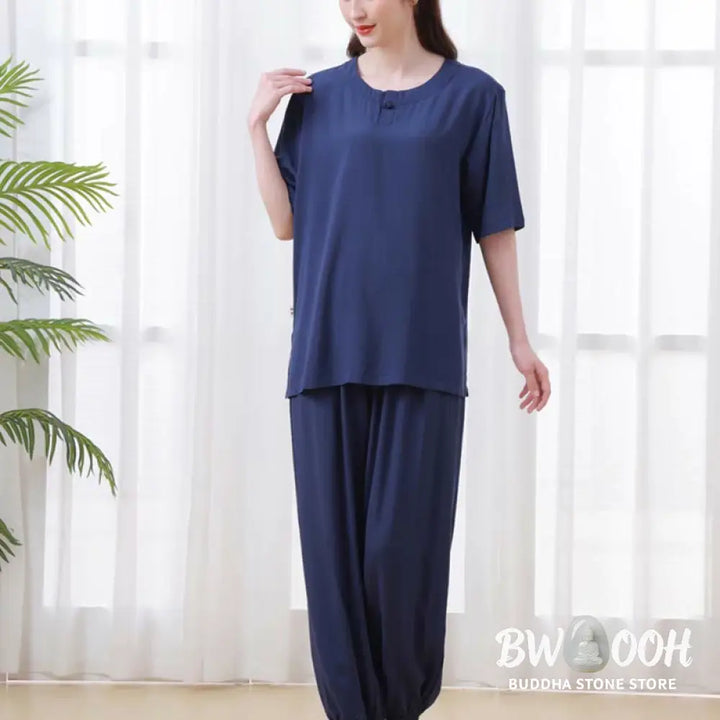 BWOOOH 2pcs Plain Color Frog-Button Simple Design Crew Neck Design Half Sleeve Shirt Top Elastic Waist Pants Meditation