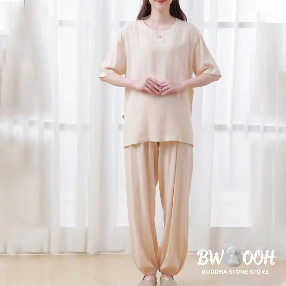 BWOOOH 2pcs Plain Color Frog-Button Simple Design Crew Neck Design Half Sleeve Shirt Top Elastic Waist Pants Meditation