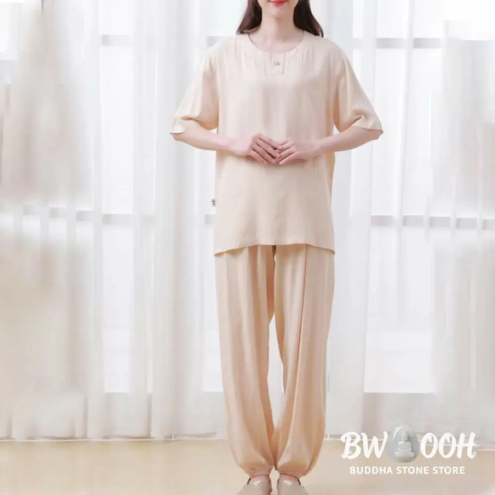BWOOOH 2pcs Plain Color Frog-Button Simple Design Crew Neck Design Half Sleeve Shirt Top Elastic Waist Pants Meditation