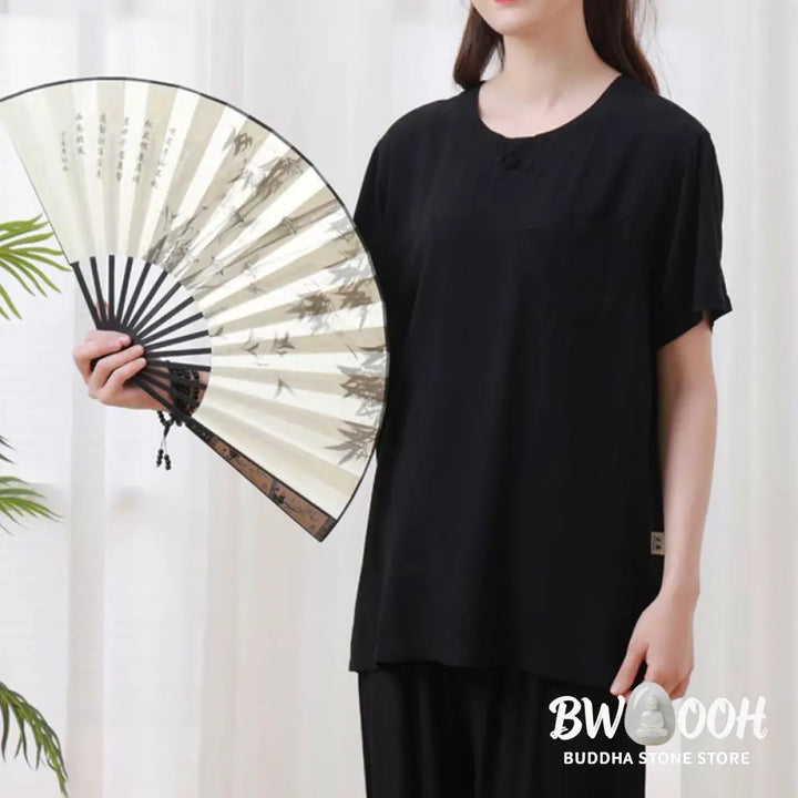 BWOOOH 2pcs Plain Color Frog-Button Simple Design Crew Neck Design Half Sleeve Shirt Top Elastic Waist Pants Meditation