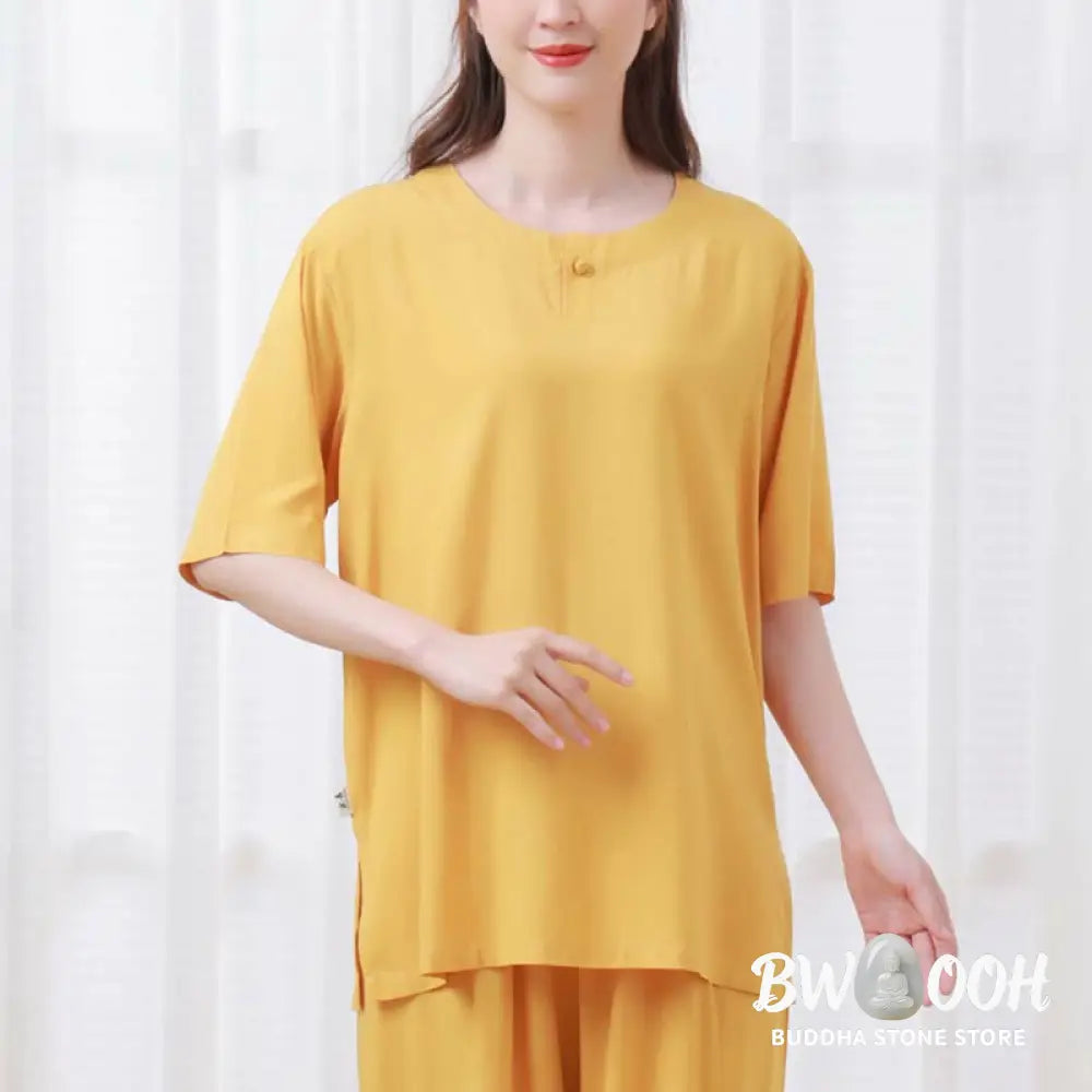 BWOOOH 2pcs Plain Color Frog-Button Simple Design Crew Neck Design Half Sleeve Shirt Top Elastic Waist Pants Meditation