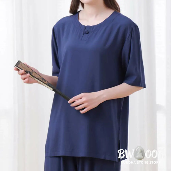 BWOOOH 2pcs Plain Color Frog-Button Simple Design Crew Neck Design Half Sleeve Shirt Top Elastic Waist Pants Meditation