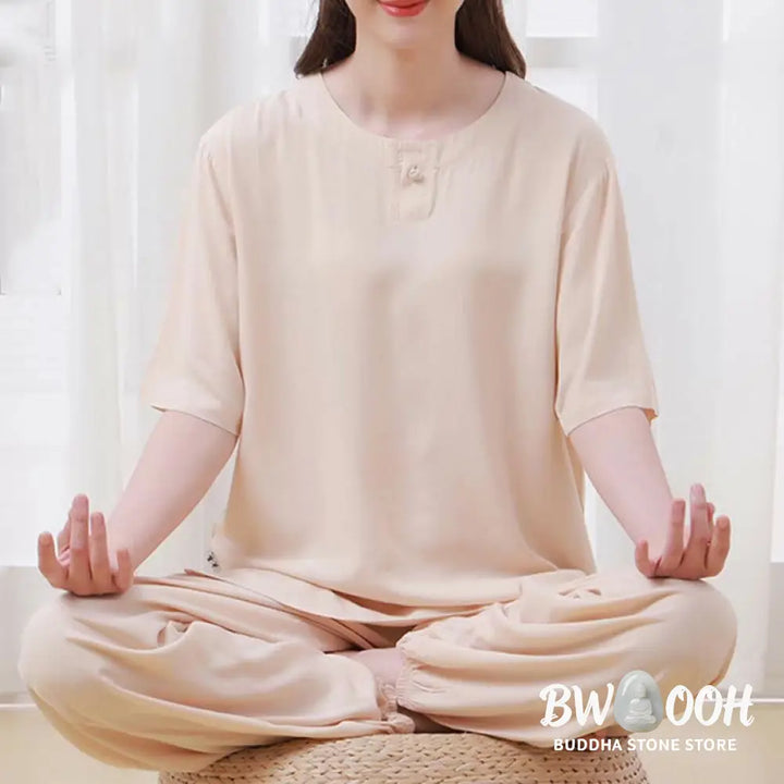 BWOOOH 2pcs Plain Color Frog-Button Simple Design Crew Neck Design Half Sleeve Shirt Top Elastic Waist Pants Meditation