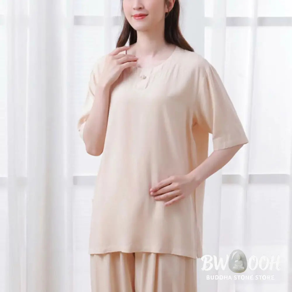 BWOOOH 2pcs Plain Color Frog-Button Simple Design Crew Neck Design Half Sleeve Shirt Top Elastic Waist Pants Meditation