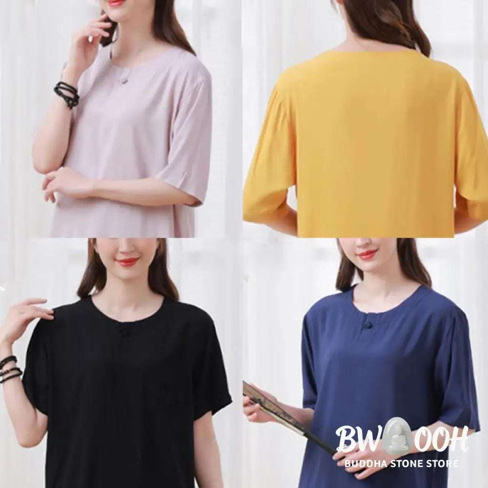 BWOOOH 2pcs Plain Color Frog-Button Simple Design Crew Neck Design Half Sleeve Shirt Top Elastic Waist Pants Meditation