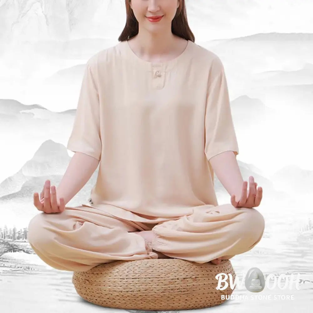 BWOOOH 2pcs Plain Color Frog-Button Simple Design Crew Neck Design Half Sleeve Shirt Top Elastic Waist Pants Meditation