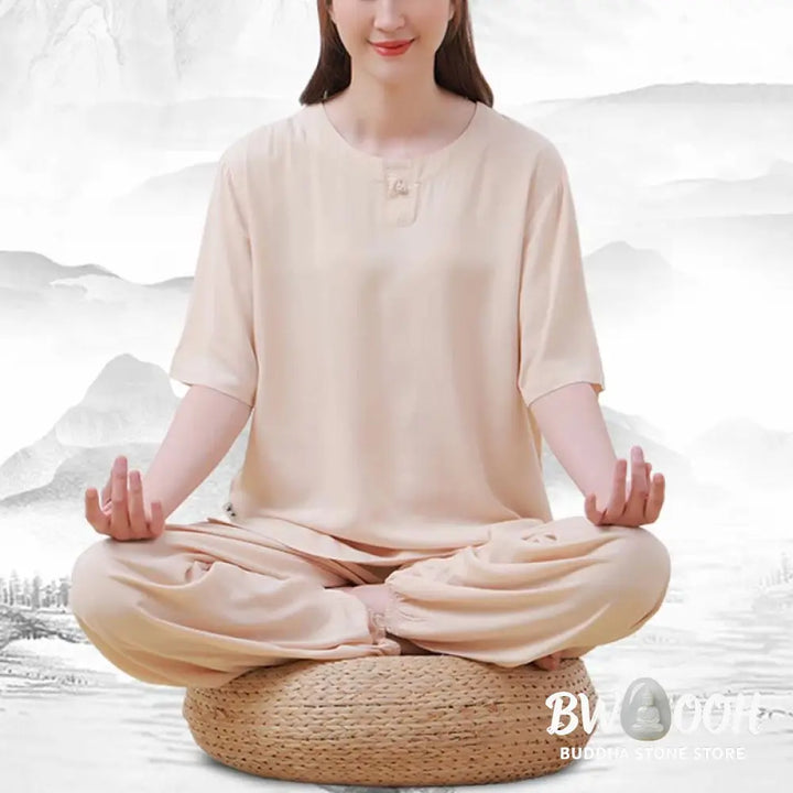 BWOOOH 2pcs Plain Color Frog-Button Simple Design Crew Neck Design Half Sleeve Shirt Top Elastic Waist Pants Meditation