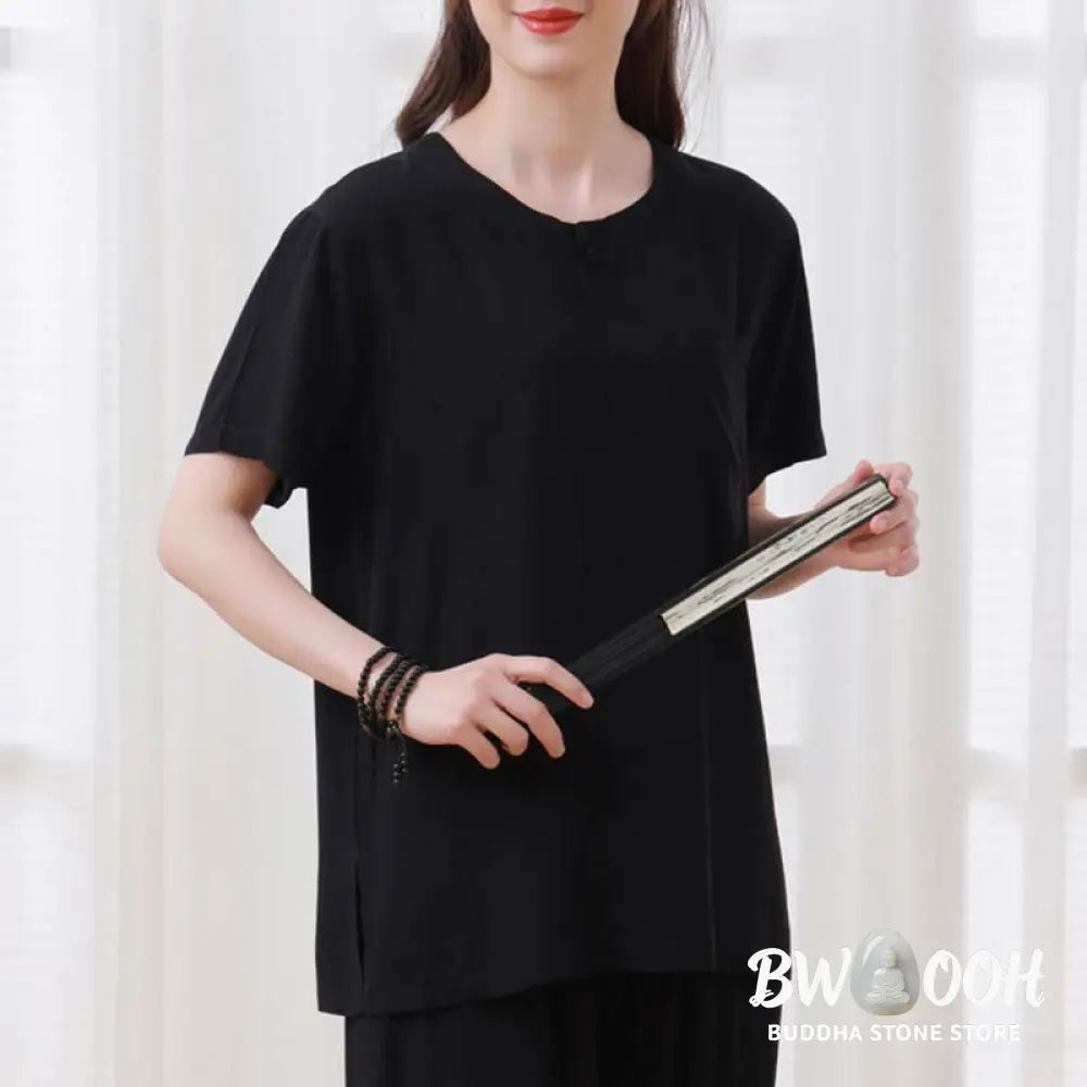 BWOOOH 2pcs Plain Color Frog-Button Simple Design Crew Neck Design Half Sleeve Shirt Top Elastic Waist Pants Meditation
