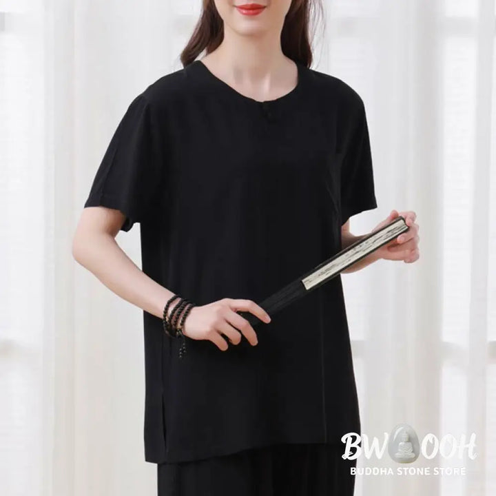 BWOOOH 2pcs Plain Color Frog-Button Simple Design Crew Neck Design Half Sleeve Shirt Top Elastic Waist Pants Meditation