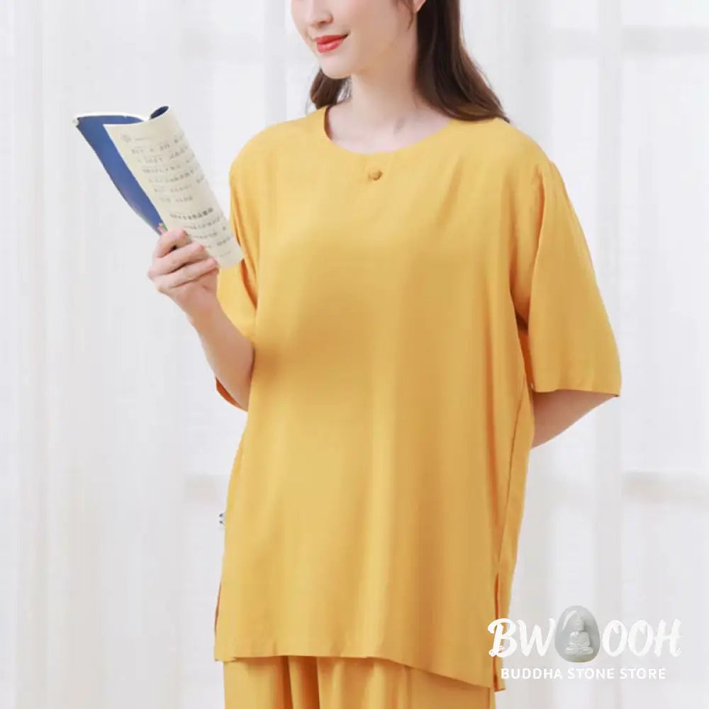 BWOOOH 2pcs Plain Color Frog-Button Simple Design Crew Neck Design Half Sleeve Shirt Top Elastic Waist Pants Meditation