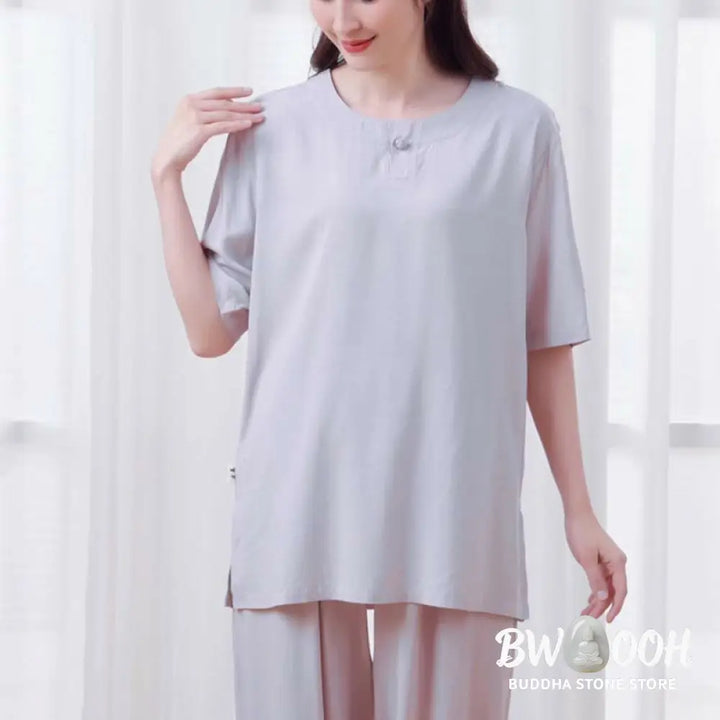BWOOOH 2pcs Plain Color Frog-Button Simple Design Crew Neck Design Half Sleeve Shirt Top Elastic Waist Pants Meditation