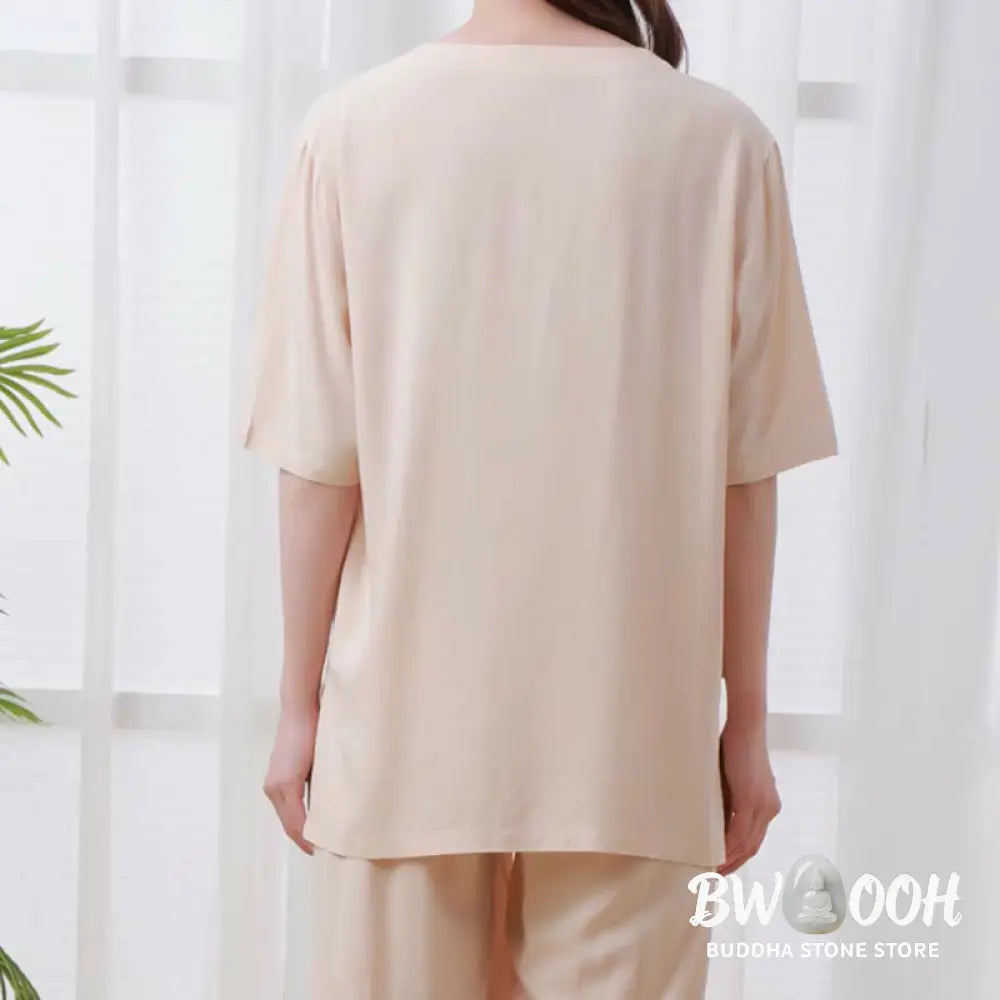 BWOOOH 2pcs Plain Color Frog-Button Simple Design Crew Neck Design Half Sleeve Shirt Top Elastic Waist Pants Meditation