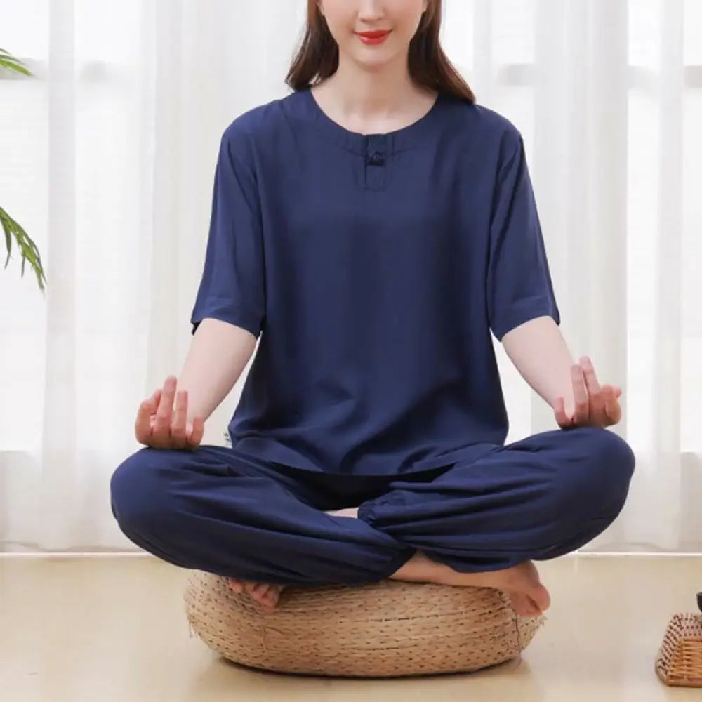 BWOOOH 2pcs Plain Color Frog-Button Simple Design Crew Neck Design Half Sleeve Shirt Top Elastic Waist Pants Meditation